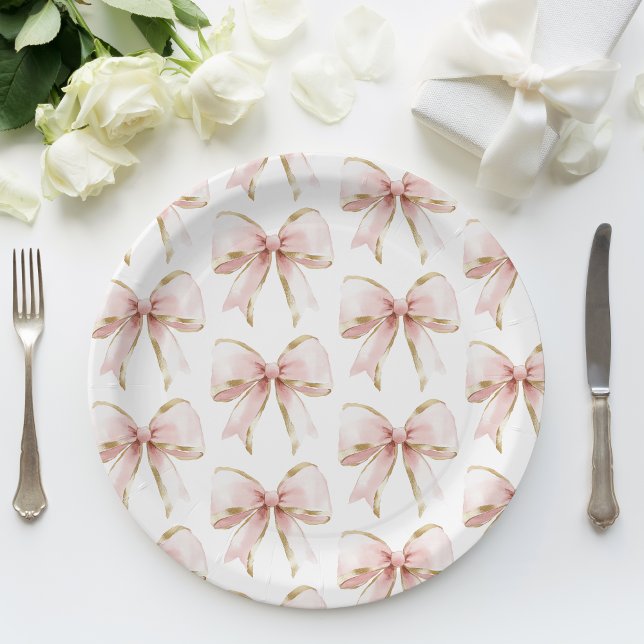 Elegant Pink Gold Bow Pattern Baby Shower Girl  Paper Plate (Creator Uploaded)