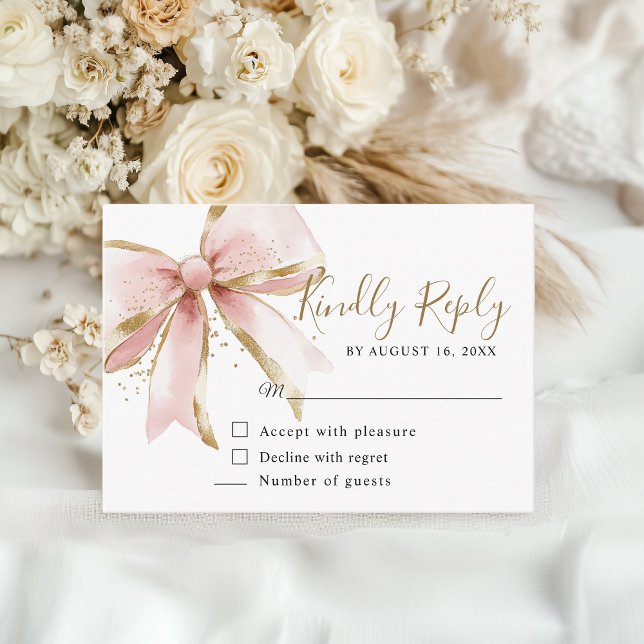 Elegant Pink & Gold Bow Sweet 16th Birthday Reply Enclosure Card (Watercolor coquette pink gold bow sweet sixteen Kindly Reply card)