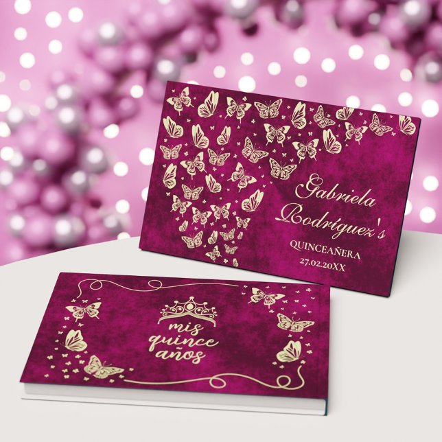 Elegant Pink Gold Butterfly Mis Quince Quinceañera Guest Book (Elegant Pink Gold Butterfly Mis Quince Quinceañera Foil Guest Book)