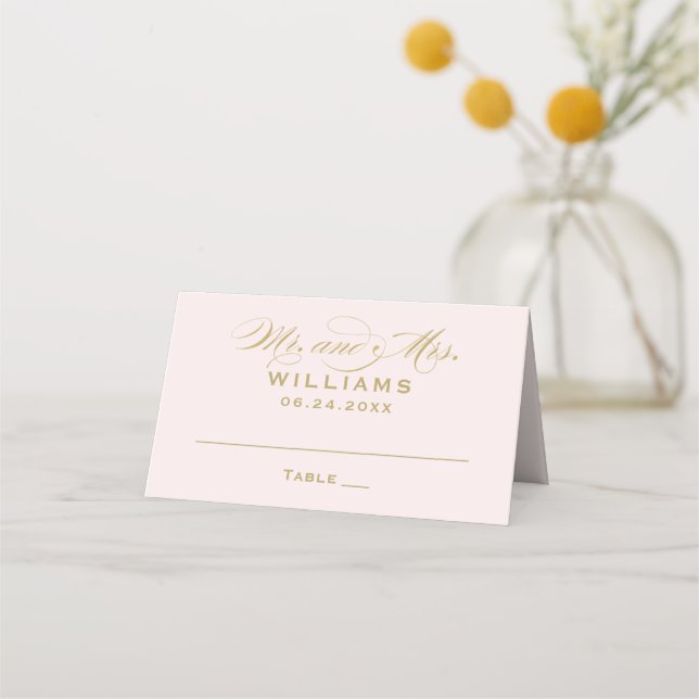 Elegant Pink Gold Calligraphy Wedding Monogram Place Card (Front)