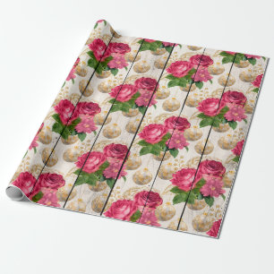 Elegant pink & gold Christmas floral pattern Wrapping Paper