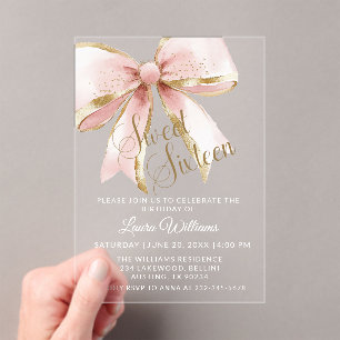 Elegant Pink & Gold Coquette Bow Sweet 16th Acrylic Invitations