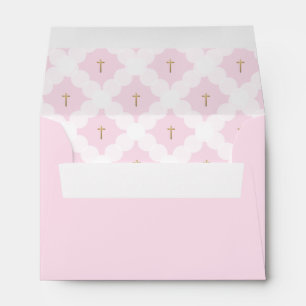 Elegant Pink Gold Cross Circle Pattern Baptism Envelope