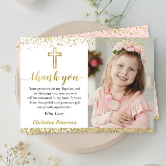Elegant Pink Gold Cross Girl Baptism Photo Thank You Card