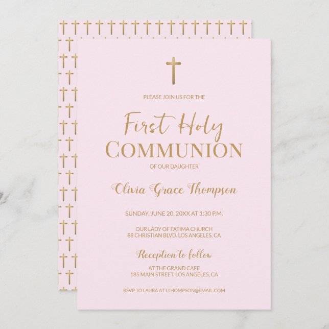Elegant Pink Gold Cross Girl First holy communion  Invitation (Front/Back)