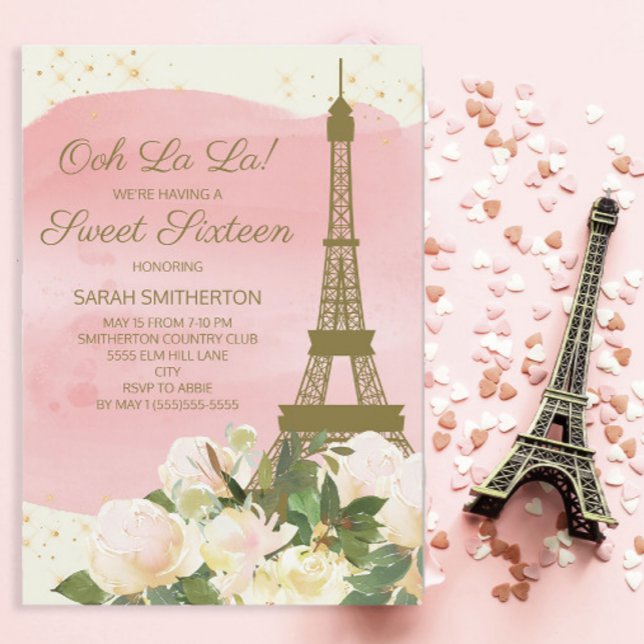 Elegant Pink Gold Eiffel Tower Paris Sweet 16  Invitation (Ooh La La! Paris/Eiffel Tower Sweet 16 invitation)