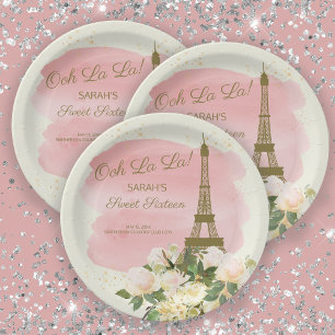 Elegant Pink Gold Eiffel Tower Paris Sweet 16  Paper Plate