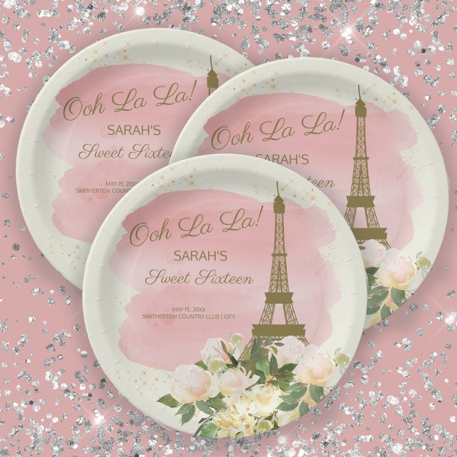 Elegant Pink Gold Eiffel Tower Paris Sweet 16  Paper Plate (Creator Uploaded)