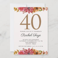 Elegant Pink Gold Floral 40th Birthday Party Invit