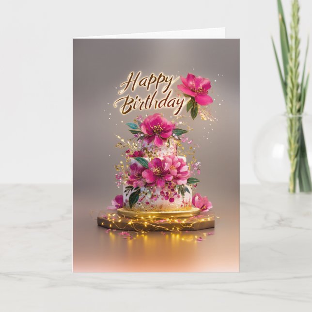 Elegant Pink & Gold Floral Birthday Cake Card (Front)