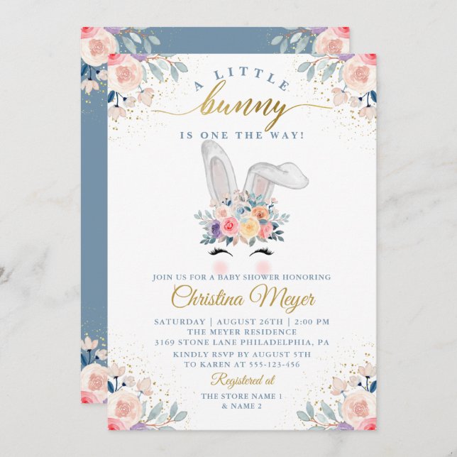 Elegant Pink Gold Floral Bunny Face Baby Shower Invitation (Front/Back)