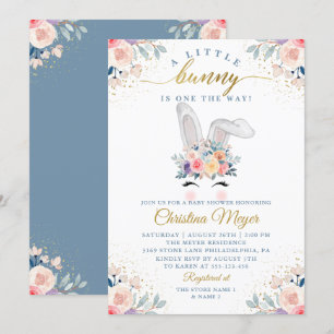 Elegant Pink Gold Floral Bunny Face Baby Shower Invitation