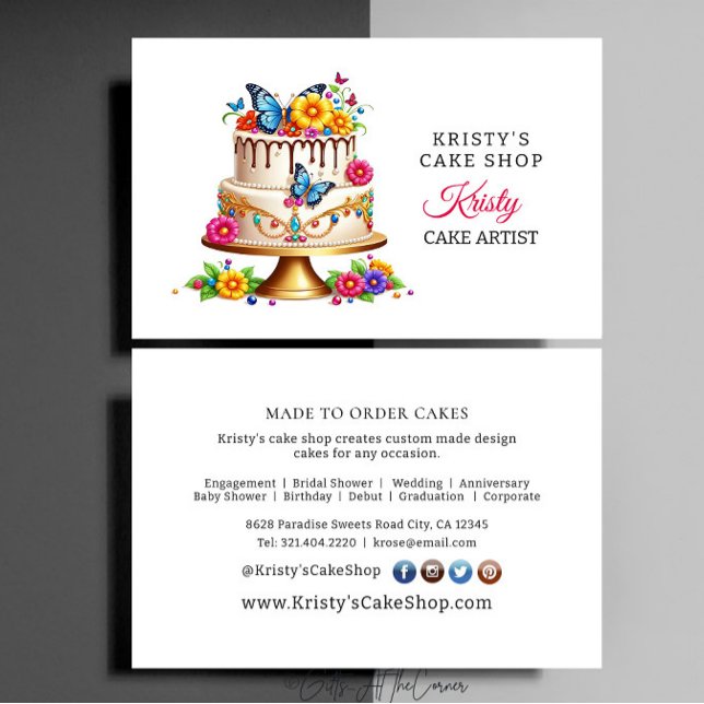 Elegant Pink Gold Floral Butterfly Cake Bakery Business Card (Creator Uploaded)