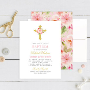 Elegant Pink Gold Floral Cross Girl Baptism Invitation