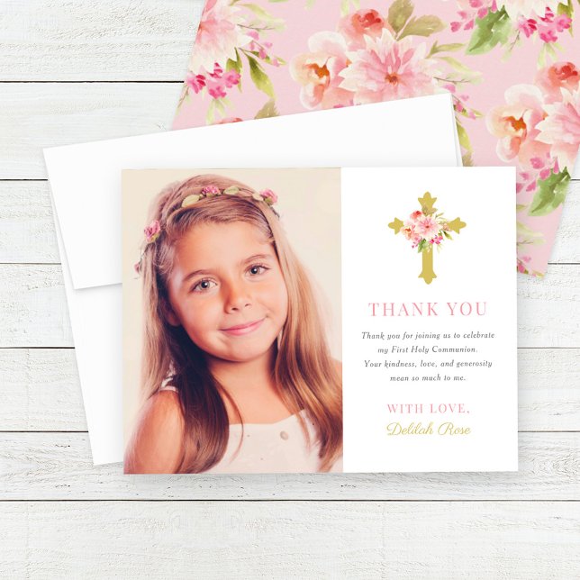 Elegant Pink Gold Floral First Communion Photo Thank You Card (Creator Uploaded)