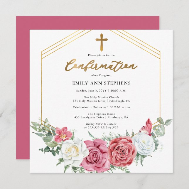 Elegant Pink | Gold Floral Frame Girl Confirmation Invitation (Front/Back)