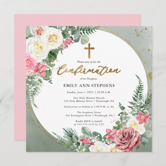 Elegant Pink | Gold Floral Frame Girl Confirmation Invitation (Front/Back)