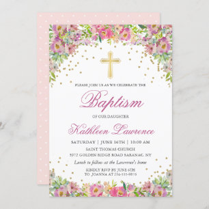 Elegant Pink Gold Floral Girl Baptism Invitation