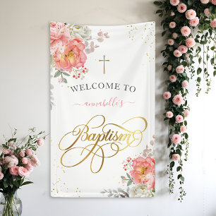 Elegant Pink & Gold Floral Girl Baptism Welcome  Banner