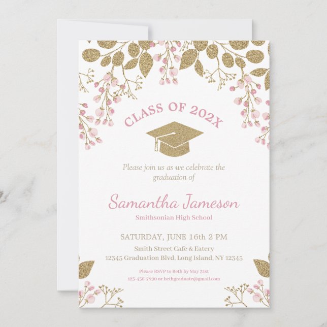 Elegant Pink Gold Floral Graduation Class Of 2022 Invitation (Front)