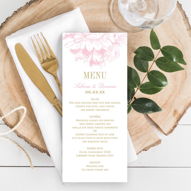Elegant Pink Gold Floral Peony Wedding Dinner Menu (Creator Uploaded)