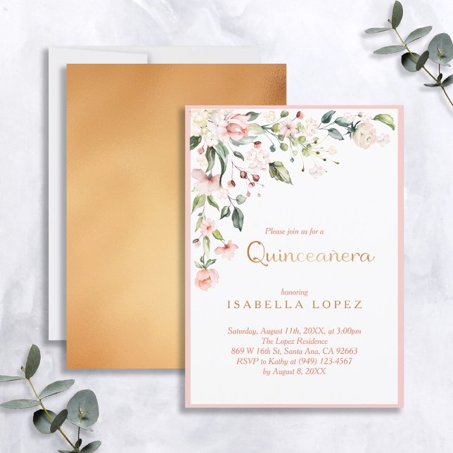 Elegant Pink & Gold Floral Quinceanera Birthday Invitation (Creator Uploaded)
