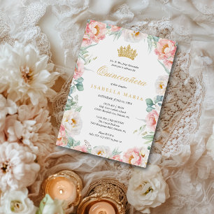 Elegant Pink & Gold Floral Quinceañera Invitation