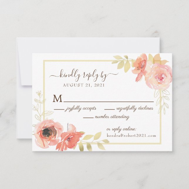 Elegant Pink & Gold Floral Reply Online Wedding RSVP Card (Front)