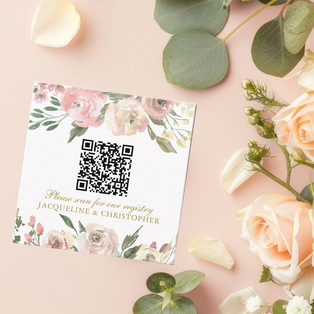 Elegant Pink Gold Floral Wedding Registry QR Code Enclosure Card (Creator Uploaded)