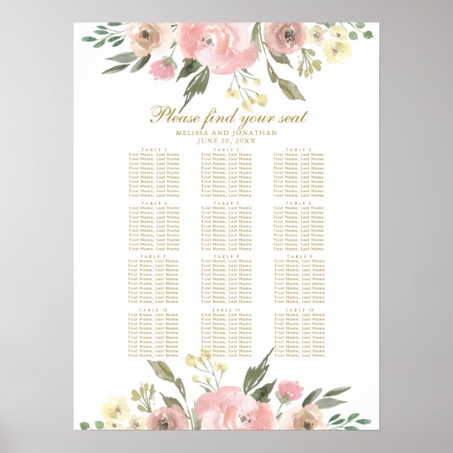 Elegant Pink Gold Floral Wedding Seating Chart (Front)
