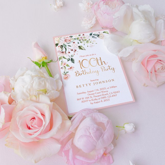 Elegant Pink & Gold Floral Woman's 100th Birthday Invitation (Honor a special woman's 100th birthday!)