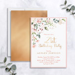 Elegant Pink & Gold Floral Woman's 21st Birthday Invitation<br><div class="desc">Modern,  elegant woman's 21st birthday party invitation featuring a beautiful pink watercolor floral motif in the top corner,  with "21st Birthday Party" and the back of the card in faux matte gold foil,  and the name in matching gold colored text. Bordered in pink. Copyright Elegant Invites,  all rights reserved.</div>