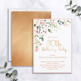 Elegant Pink & Gold Floral Woman's 30th Birthday Invitation
