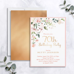 Elegant Pink & Gold Floral Woman's 70th Birthday Invitation