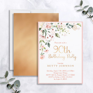 Elegant Pink & Gold Floral Woman's 90th Birthday Invitation