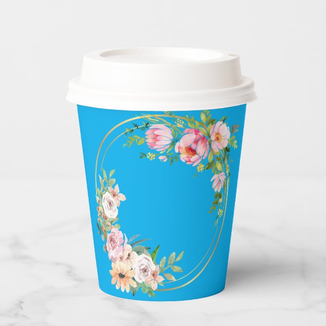 Elegant Pink & Gold Flower Wreath Paper cup Blue (Front)