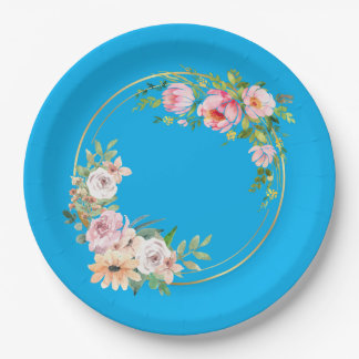 Elegant Pink & Gold Flower Wreath Paper Plate Blue