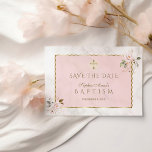 Elegant Pink Gold Flowers Cross Girl Baptism  Save The Date<br><div class="desc">Unique card design featuring watercolour delicate pink blush flowers,  gold roses,  faux gold cross,  pink shape with gold frame,  on faux white marble background. Use Personalise tool to add your info. For matching items,  please,  visit my Pink Gold Marble Baptism Collection.</div>