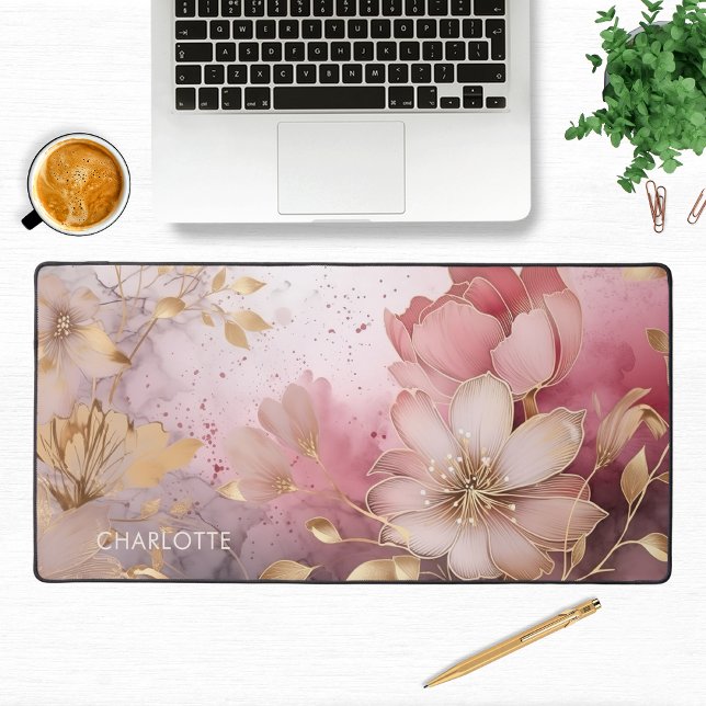 Elegant Pink Gold Flowers Modern Personalised Name Desk Mat (Creator Uploaded)