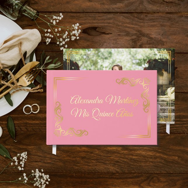 Elegant Pink Gold Frame Quinceañera Guest Book (Creator Uploaded)