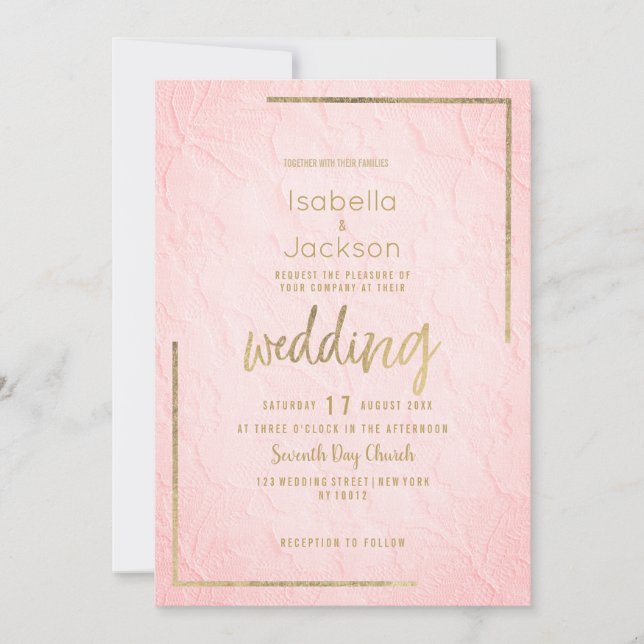 Elegant pink gold french floral lace Wedding Invitation (Front)