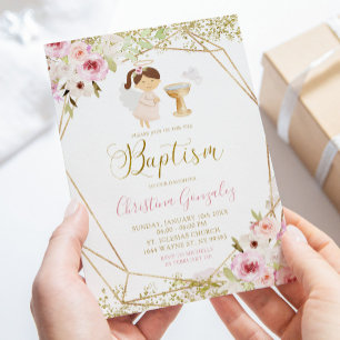 Elegant Pink Gold Geometric Floral Girl Baptism Invitation