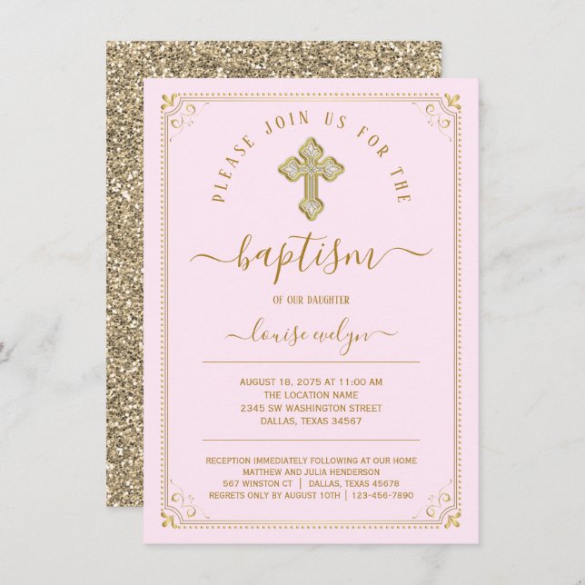 Elegant Pink Gold Girl Baptism Invitation (Front/Back)