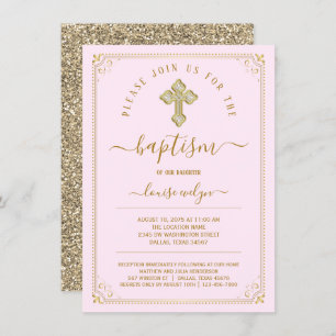 Elegant Pink Gold Girl Baptism Invitation