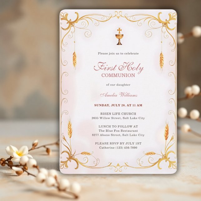 Elegant Pink & Gold Girl First Holy Communion Invitation (Elegant First Holy Communion Invitation for Girl – Pink & Gold Chalice Design)