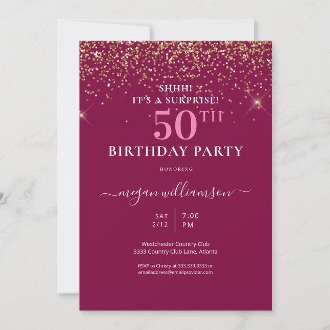 Elegant Pink Gold Glitter 50th Birthday Party Invitation (Front)