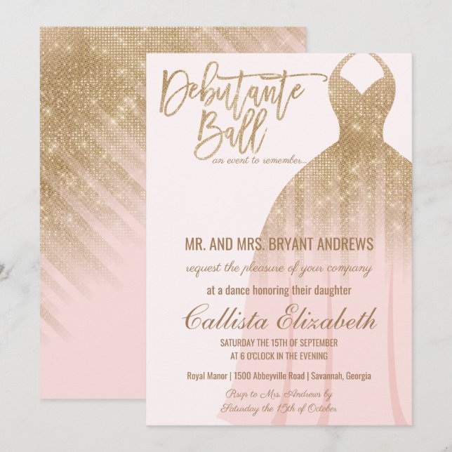 Elegant Pink Gold Glitter Dress Debutante Dance Invitation (Front/Back)