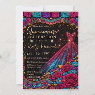 Elegant Pink Gold Glitter Dress Quinceanera Invitation