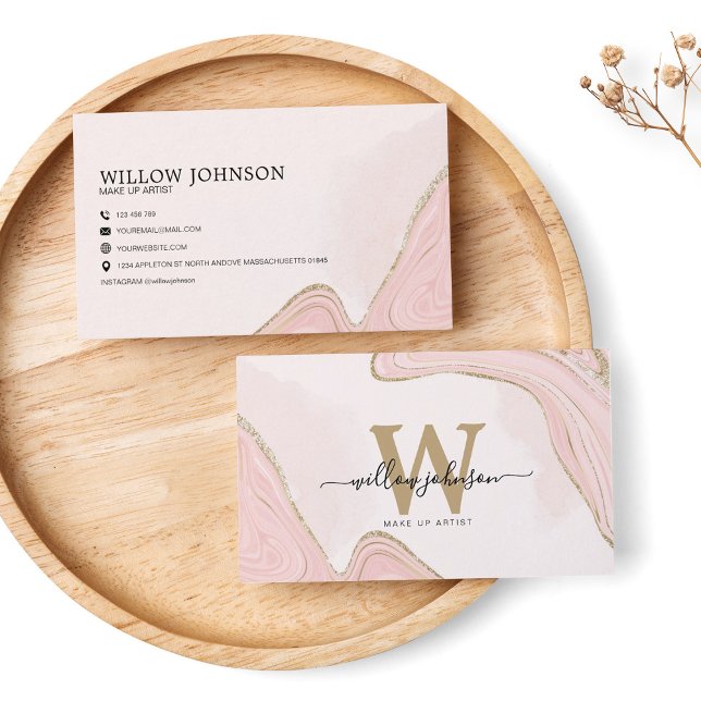 Elegant Pink Gold Glitter Modern Monogram Marble Business Card (Creator Uploaded)