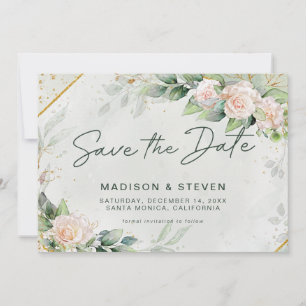 Elegant Pink Gold Glitter Roses Eucalyptus Wedding Save The Date